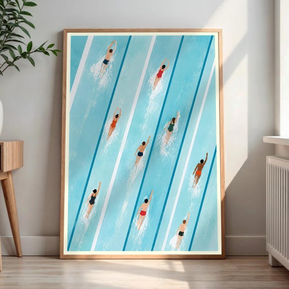 Swimming Pool Art Print Swimmers Overhead View Blue Water Wall Minimalist Summer Decor