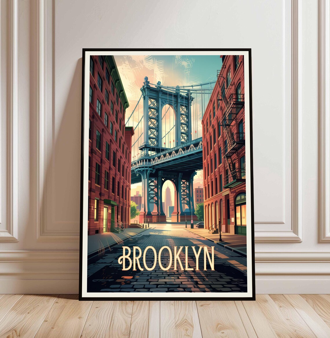 Brooklyn New York Manhattan Bridge Street Sunset Vintage Travel Poster