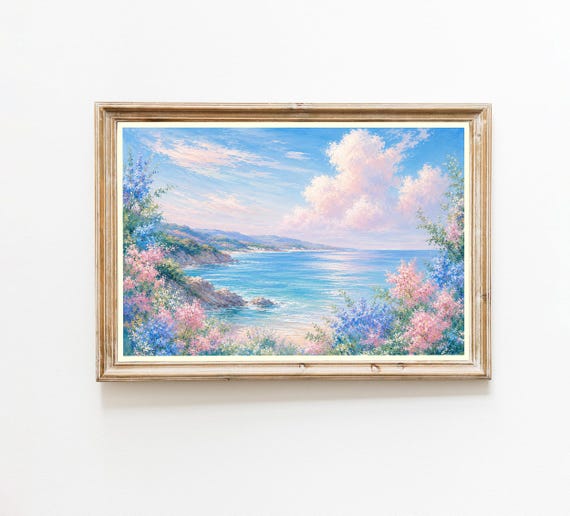 Coastal Landscape Print Impressionist Beach Painting Pink Blue Flowers Wall Art Ocean Hills Decor