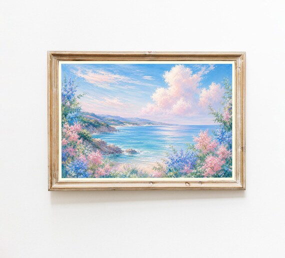 Sunlit Impressionist Coastal Bay Blush Blossom Seascape Wall Art