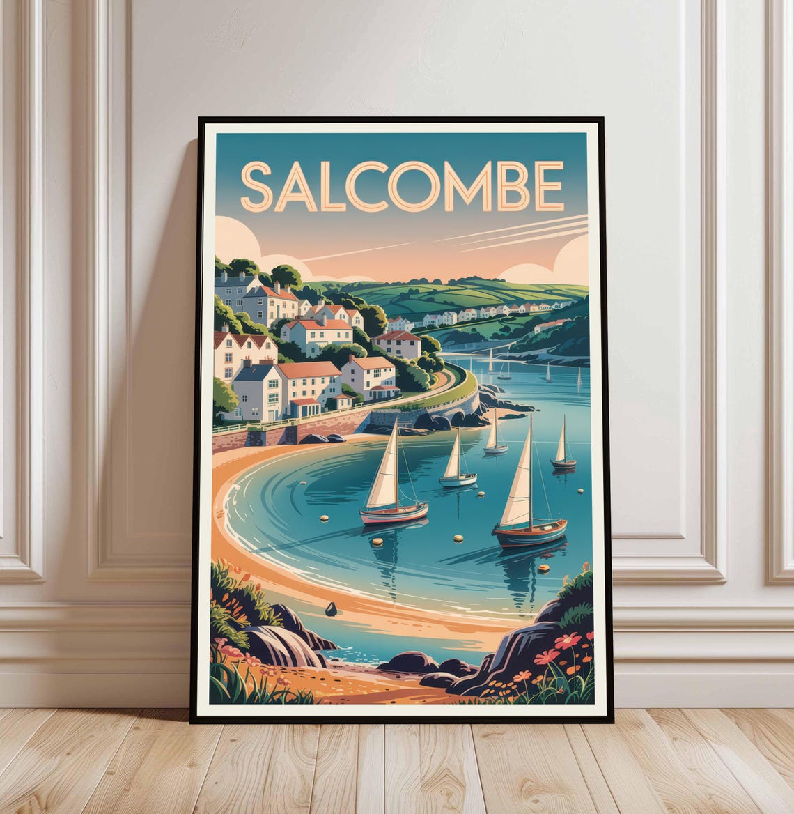 Salcombe Devon Vintage Travel Poster Sailboats Harbor Coastal Art