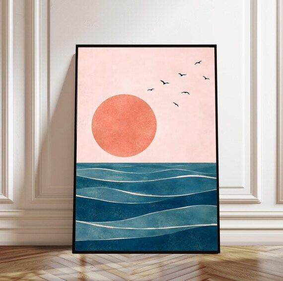 Abstract Ocean Sunset Print Orange Sun Wall Art Blue Waves Poster Pink Sky Coastal Decor