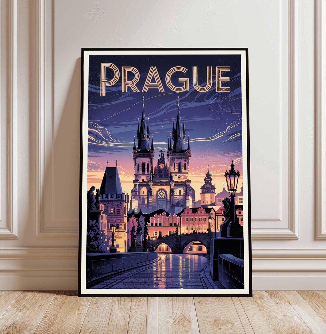 Prague Czech Republic Charles Bridge Night Vintage Travel Poster