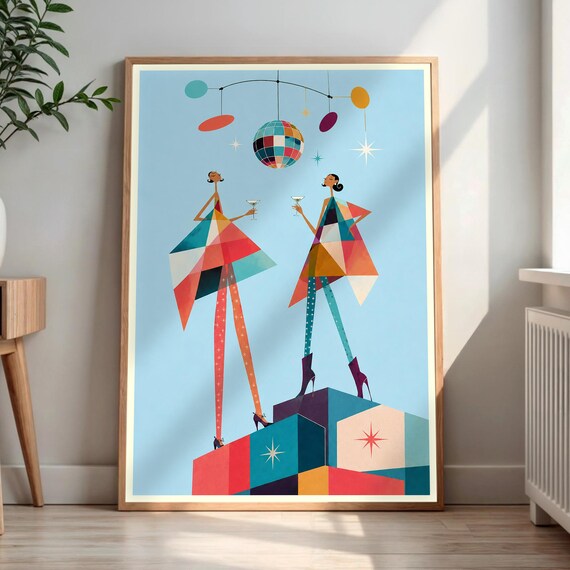 Mid Century Modern Disco Ball Martini Fashion Women Retro Poster