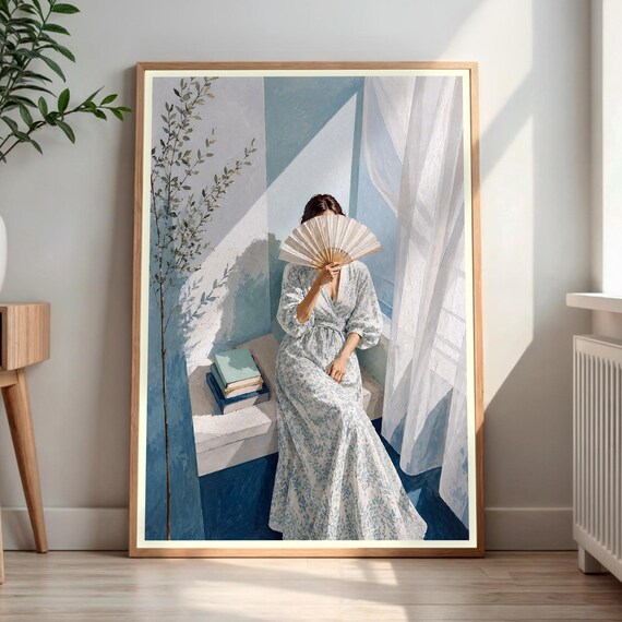 Impressionist Woman With Fan Sunlit Blue Room Window Art Poster