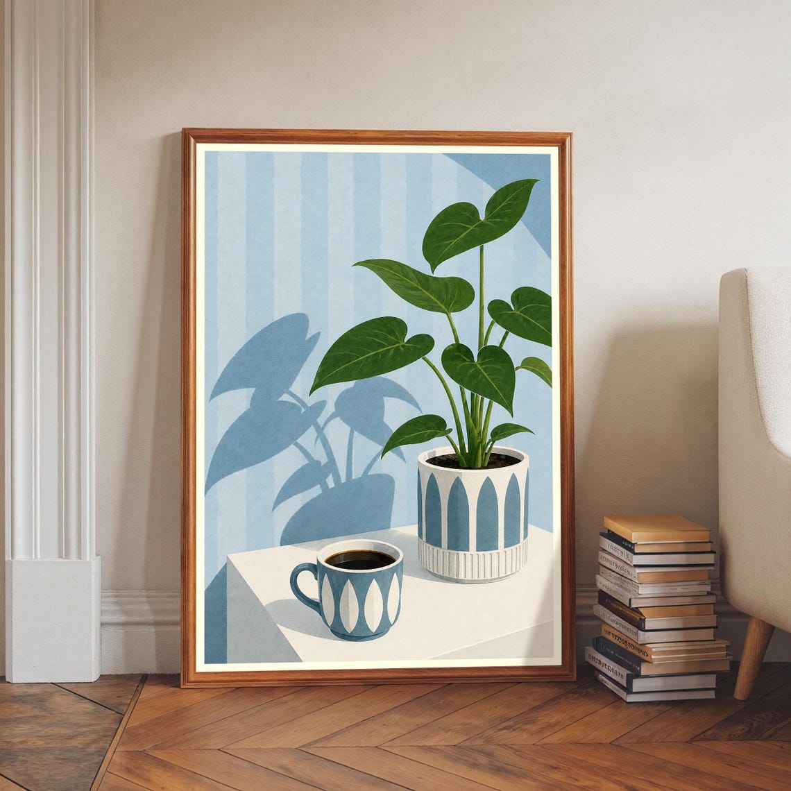 Mid Century Modern Art Print Potted Plant Coffee Cup Striped Shadow Wall Botanical Illustration
