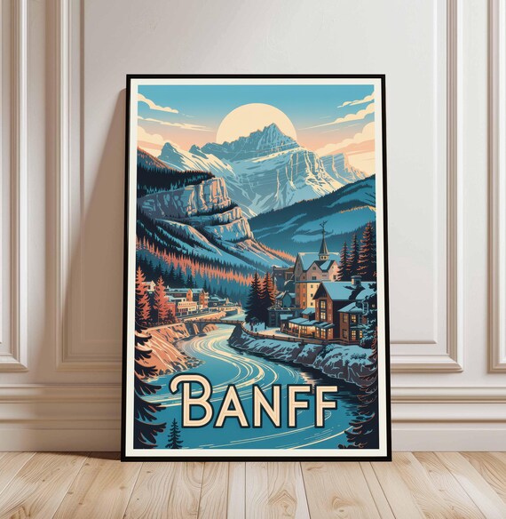 Banff Canada Rockies Vintage Travel Poster Mountain Town River