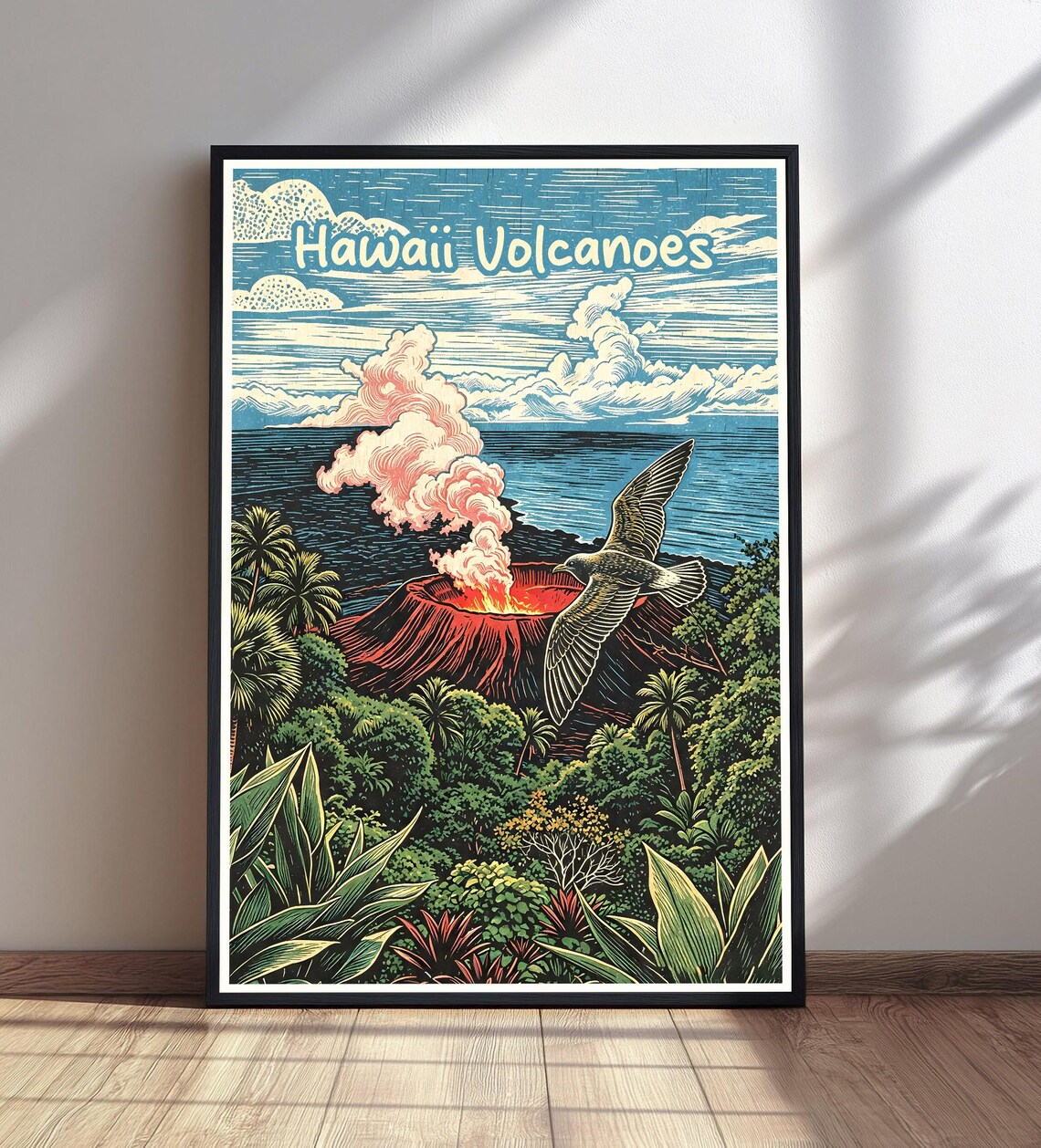 Hawaii Volcanoes Erupting Volcano Seabird Over Ocean Linocut Poster