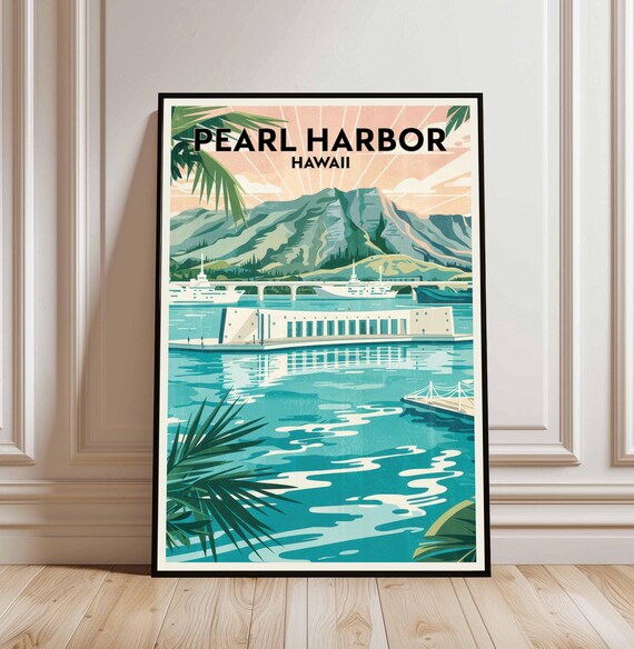Pearl Harbor Hawaii Vintage Travel Poster Arizona Memorial Harbor Art