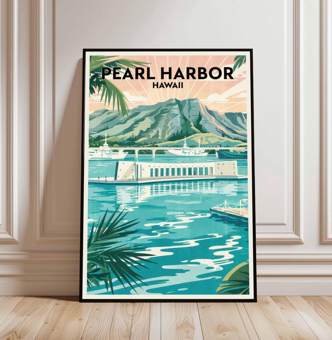 Pearl Harbor Hawaii Vintage Travel Poster Arizona Memorial Harbor Art