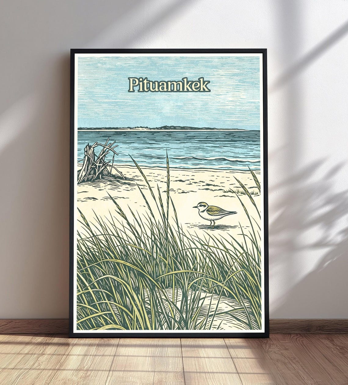 Pituamkek Beach Travel Poster Shorebird Dunes Woodcut Coastal Art