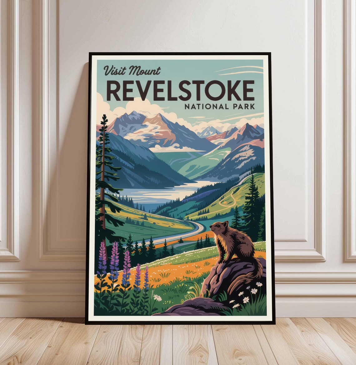 Mount Revelstoke National Park Travel Poster with Marmot and Wildflowers