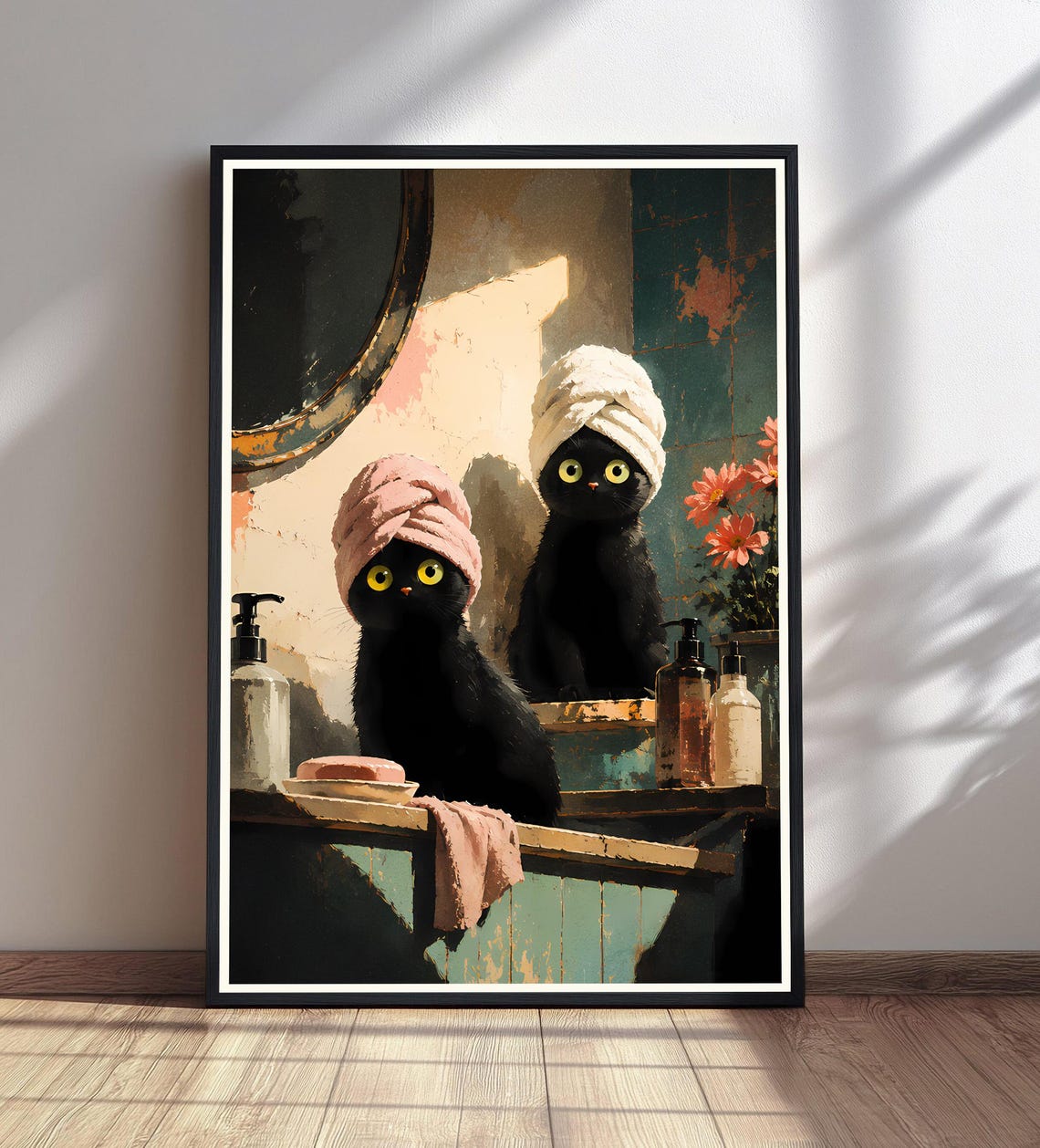 Two Black Cats In Bath Towels Funny Cat Bathroom Spa Art Poster