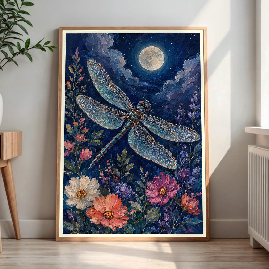 Dragonfly Moonlit Night Garden Celestial Flower Painting Poster