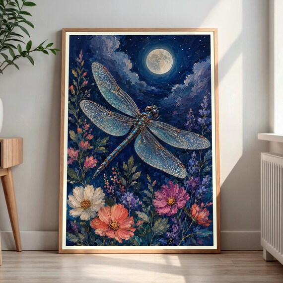 Dragonfly Moon Wall Art Impressionist Garden Print Celestial Night Sky Decor Starry Nature Painting