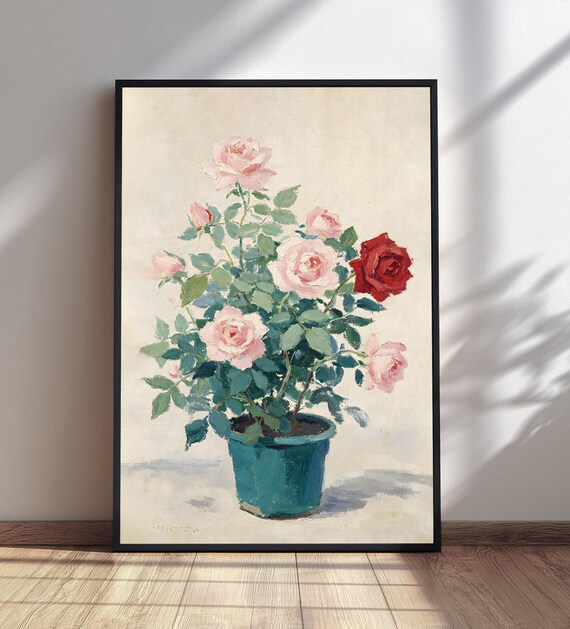 Potted Pink Red Roses Impressionist Oil Painting Still Life Poster