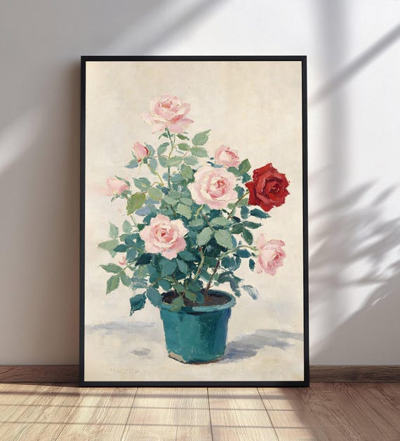 Potted Rose Bush Wall Art Pink Red Roses Oil Painting Print Vintage Floral Botanical Decor Cottagecore Flower Poster