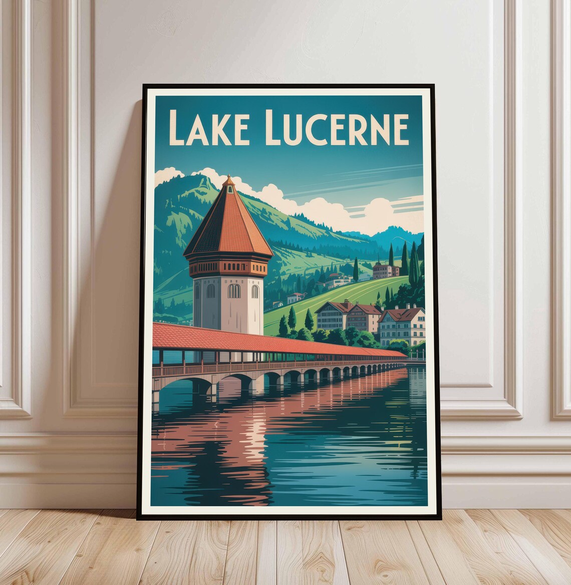 Lake Lucerne Switzerland Wooden Chapel Bridge Retro Travel Poster