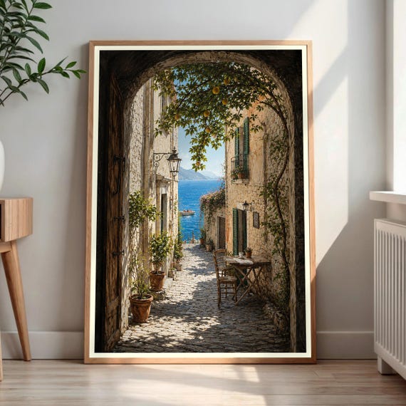 Mediterranean Village Print Coastal Alleyway Wall Art Stone Buildings Sea View European Home Decor