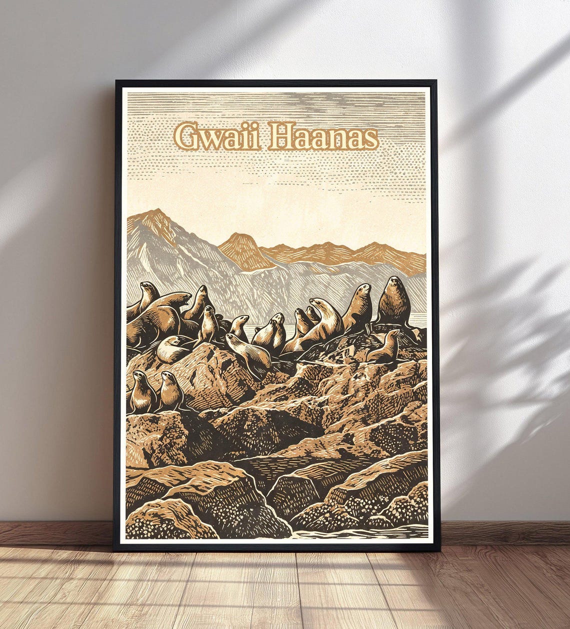 Gwaii Haanas Seals Rocky Coast Mountains Vintage Travel Poster