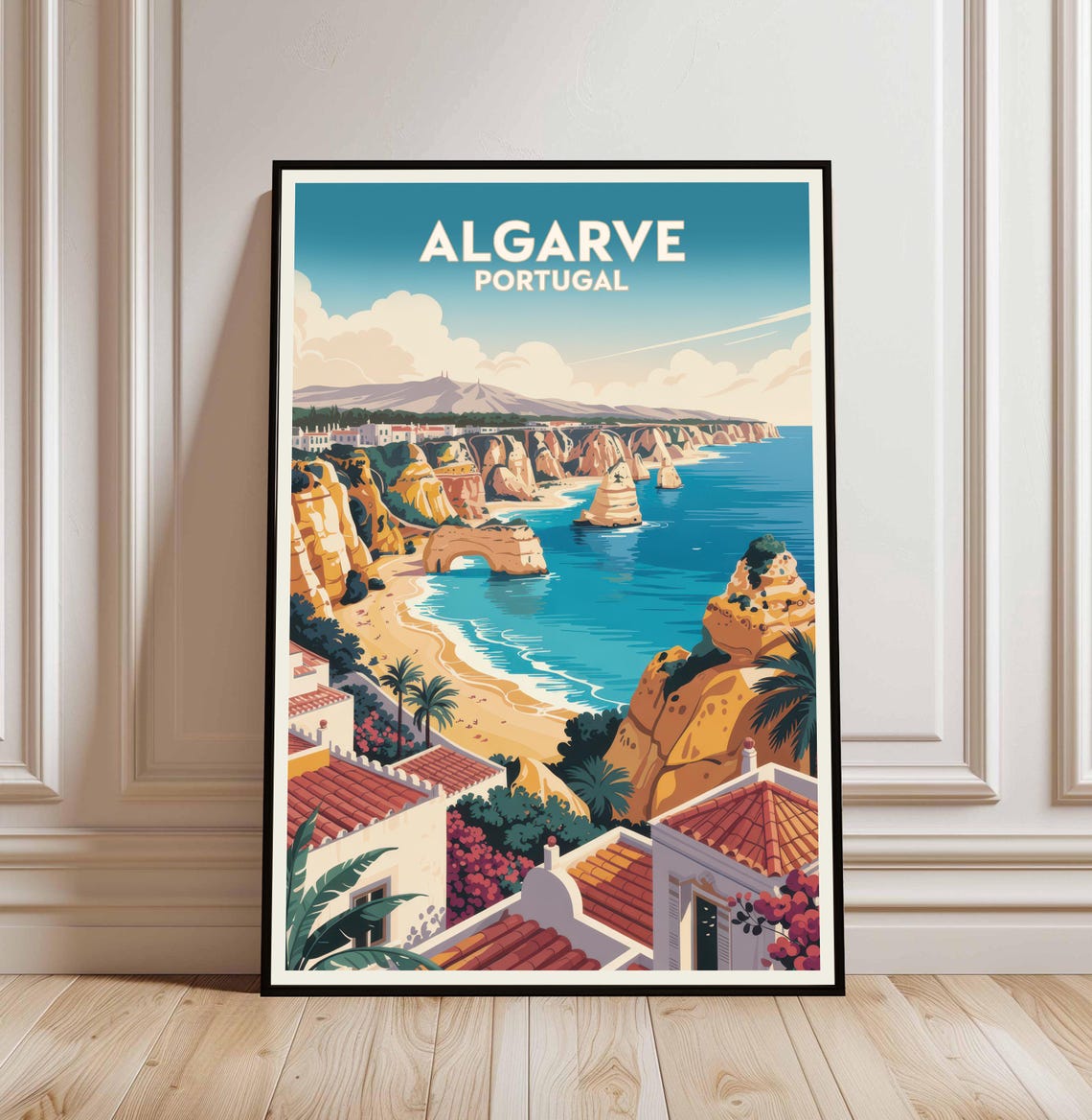 Algarve Portugal Golden Cliffs Turquoise Beach Travel Poster