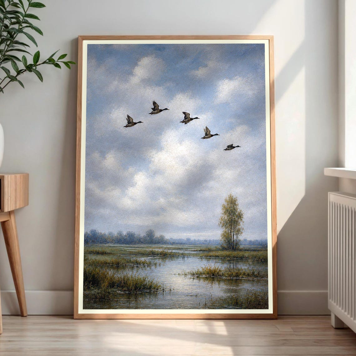 Flying Ducks Over Marsh Vintage Waterfowl Hunting Painting Poster