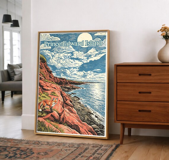 Prince Edward Island Travel Poster Pei Coastal Wall Art Fox Ocean Print Full Moon Landscape