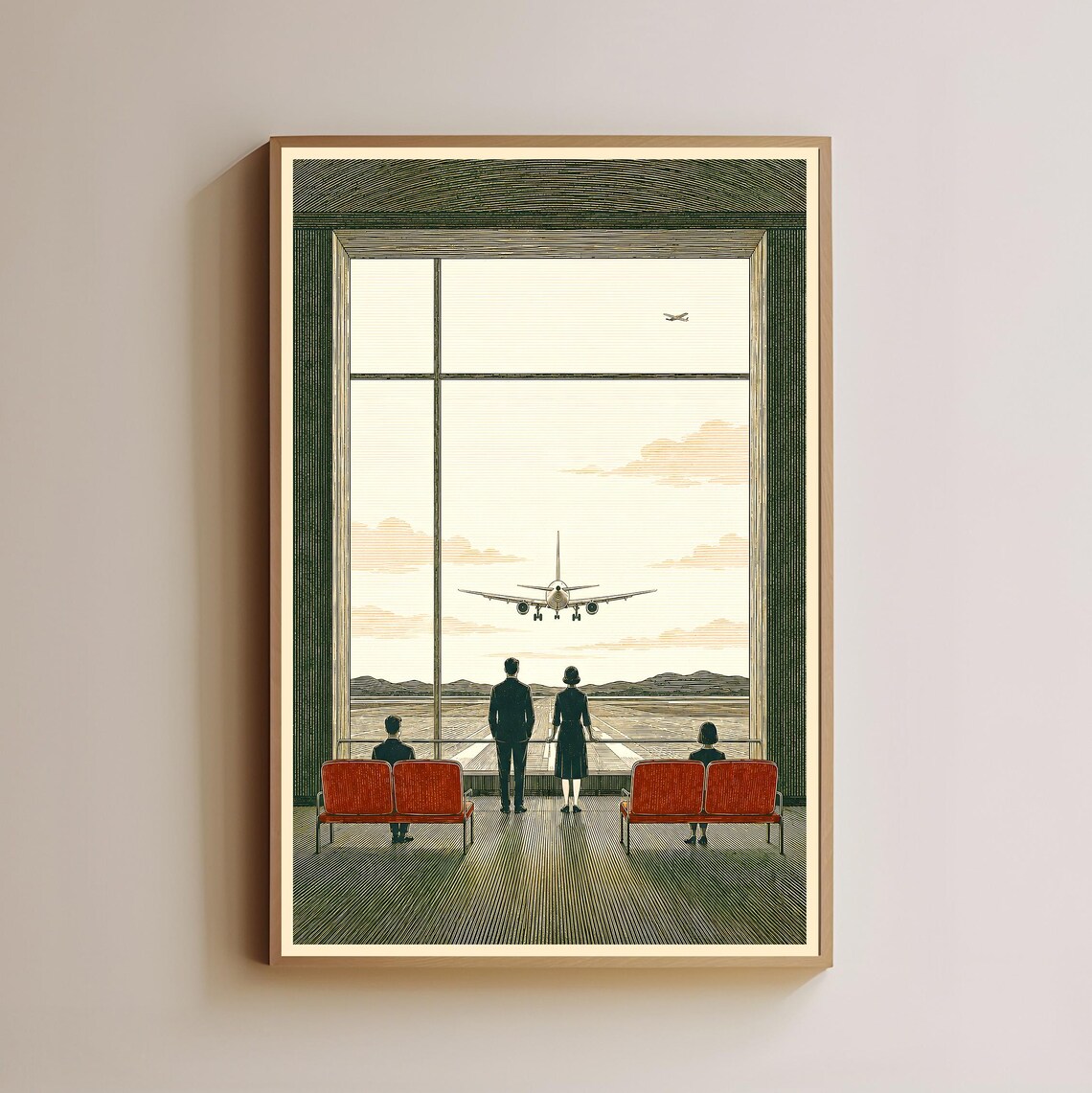 Mid Century Modern Airport Terminal Airplane Landing Art Poster