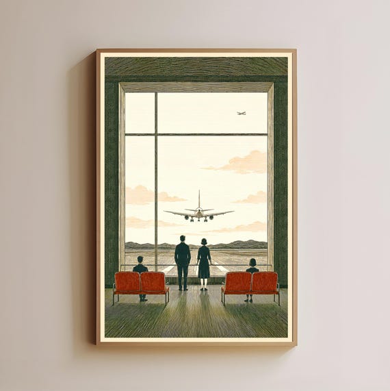 Mid Century Modern Airport Wall Art Airplane Landing Print Aviation Decor Travel Poster