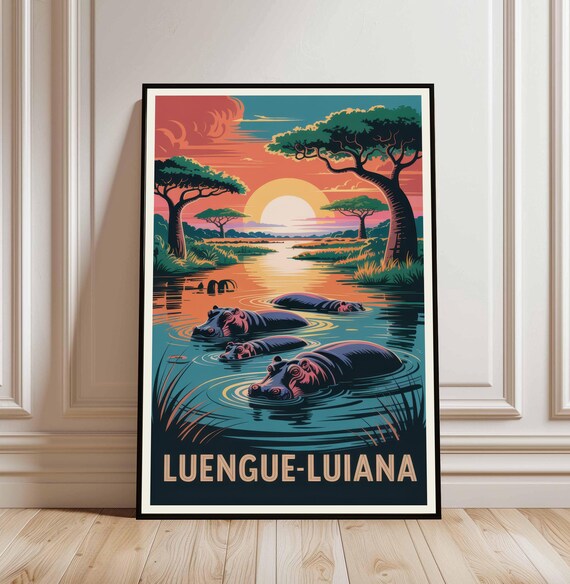 Luengue Luiana Angola Hippos River Sunset Vintage Travel Poster