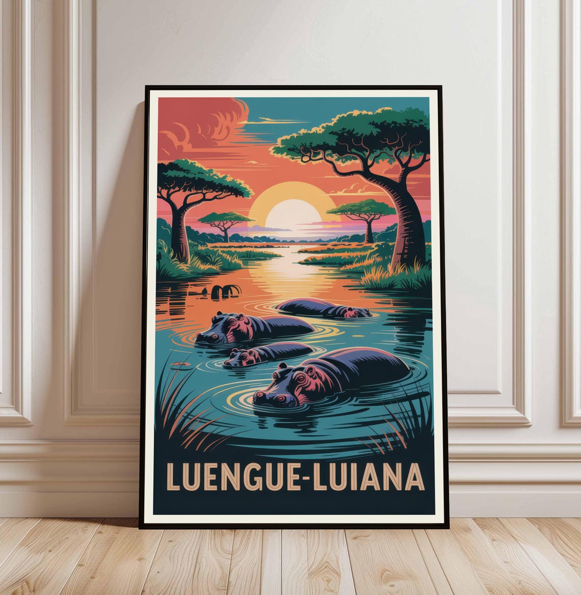 Luengue Luiana Angola Hippos River Sunset Vintage Travel Poster