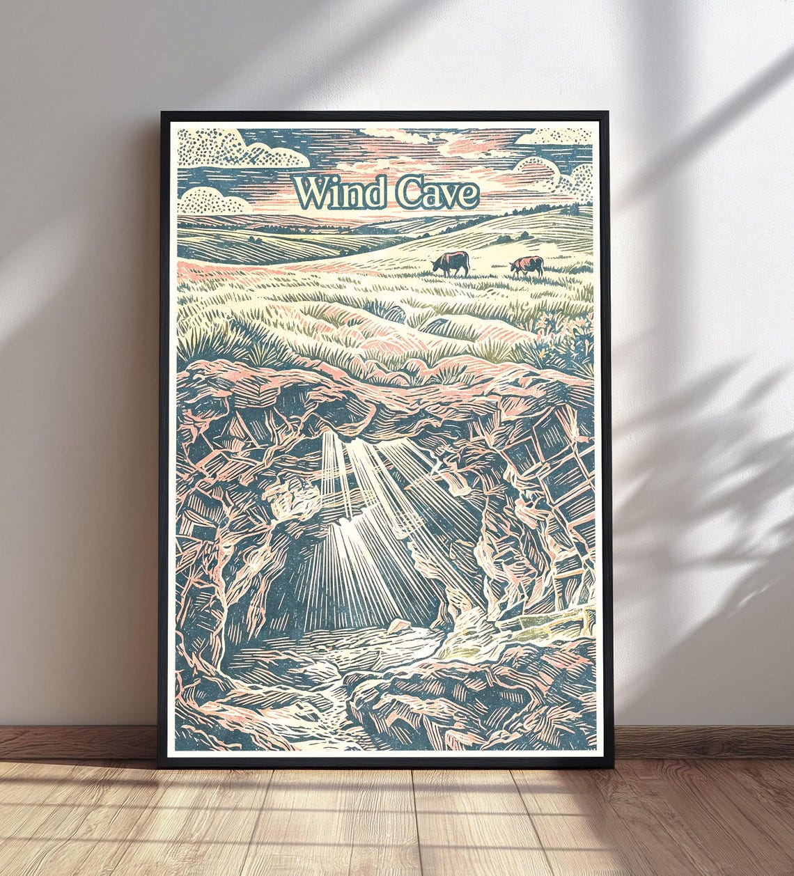 Wind Cave National Park Linocut Bison Prairie Sunset Travel Poster