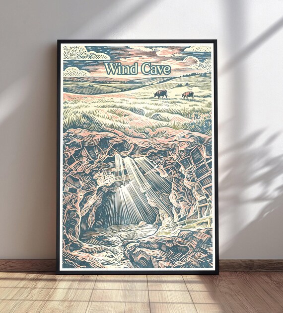 Wind Cave National Park Linocut Bison Prairie Sunset Travel Poster