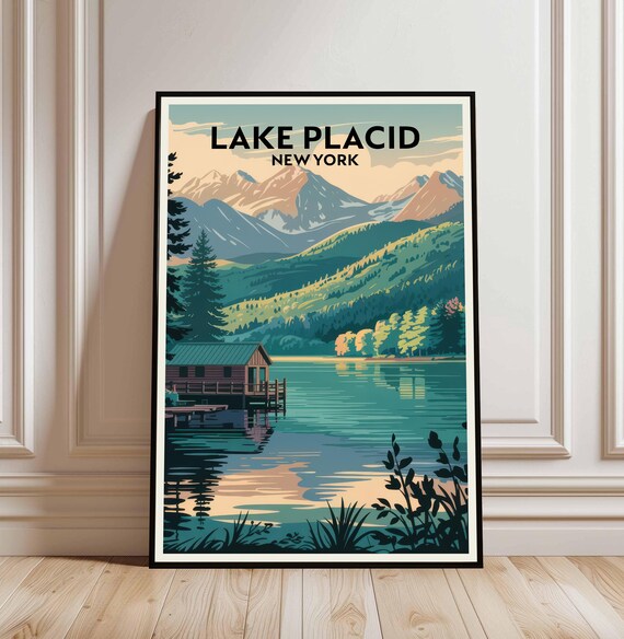 Lake Placid New York Travel Poster of a Lakeside Cabin and Mountains