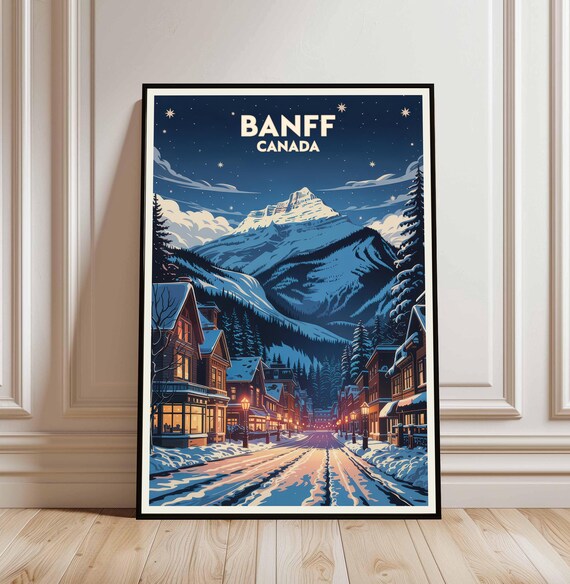 Banff Canada Winter Night Snowy Mountain Town Lights Vintage Poster