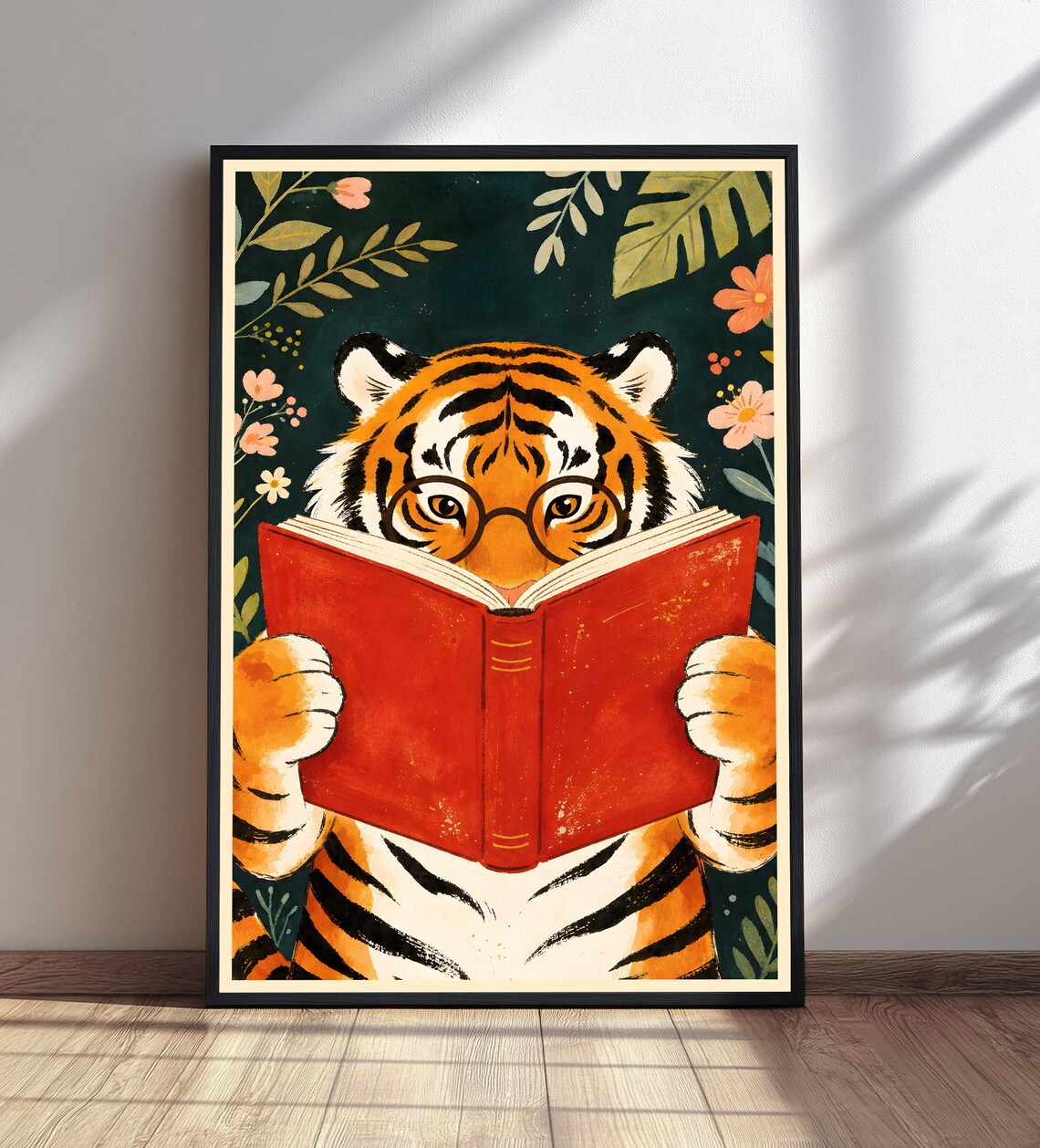 Tiger Reading Book Art Print, Whimsical Animal