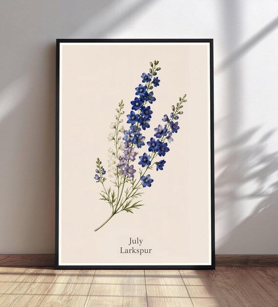 July Larkspur Birth Flower Botanical Watercolor Floral Poster