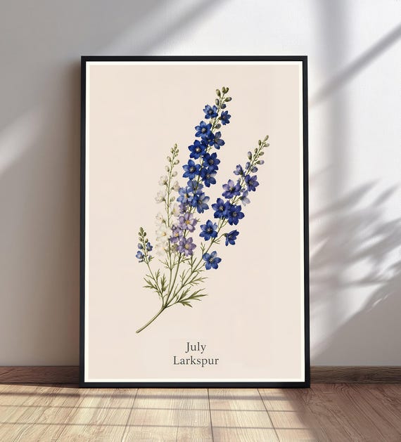 July Larkspur Botanical Print Blue White Floral Wall Art Vintage Flower Illustration Cottagecore Decor