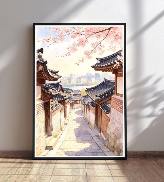 Korean Hanok Village Cherry Blossom Street Seoul Watercolor Poster