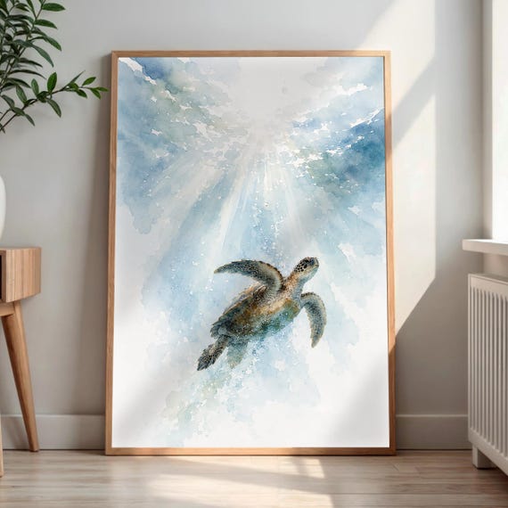 Sea Turtle Watercolor Print Ocean Animal Wall Art Beach House Decor Marine Life Poster