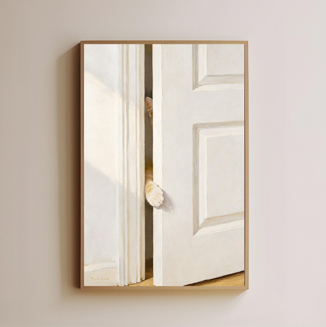 Peeking Cat Through White Door Minimalist Funny Kitty Art Poster