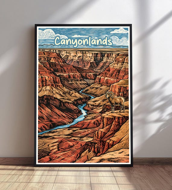 Canyonlands National Park Print Bighorn Sheep Travel Poster Vintage Art Desert Wall Decor