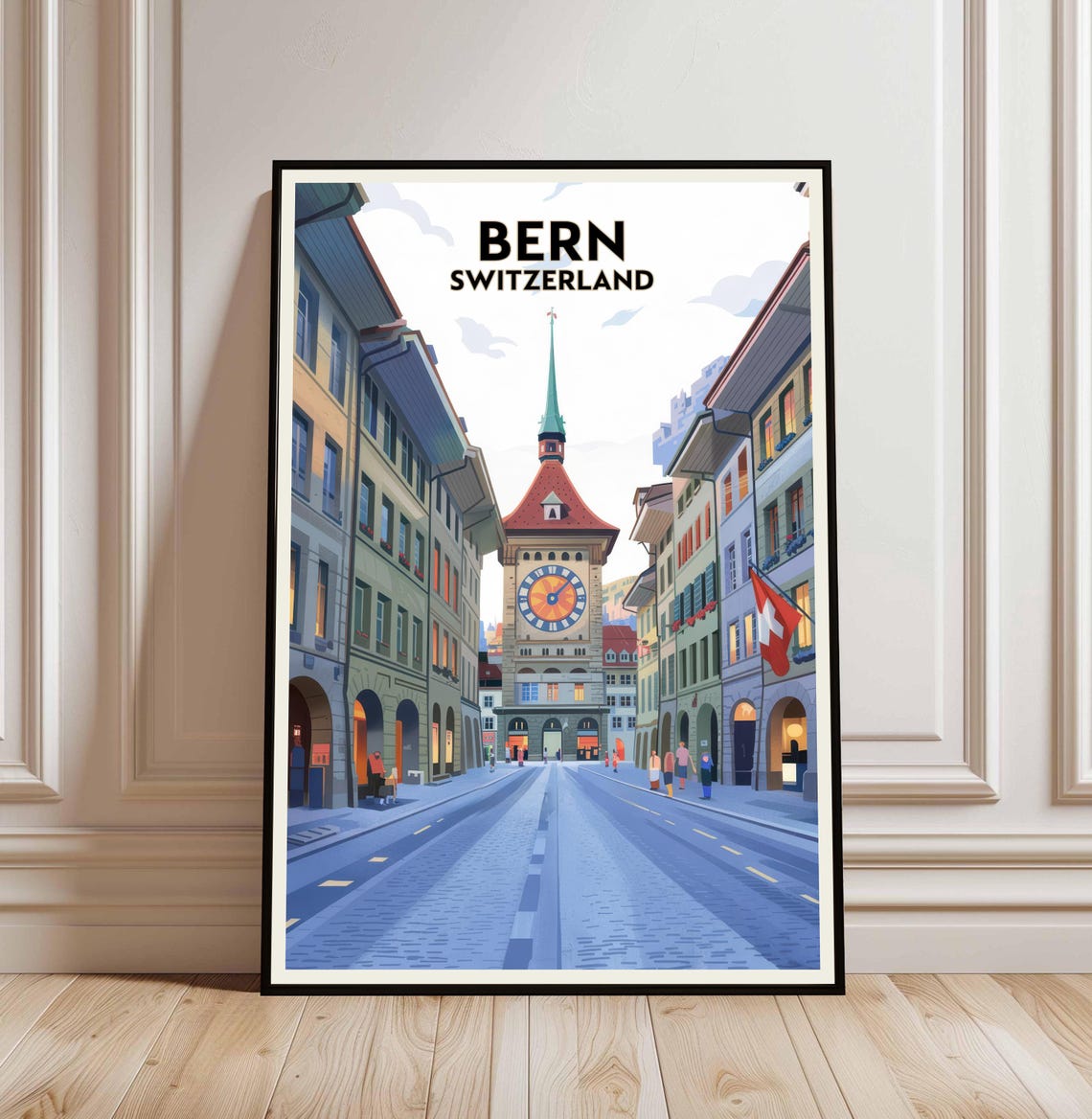 Bern Switzerland Zytglogge Clock Tower Retro Street Scene Poster