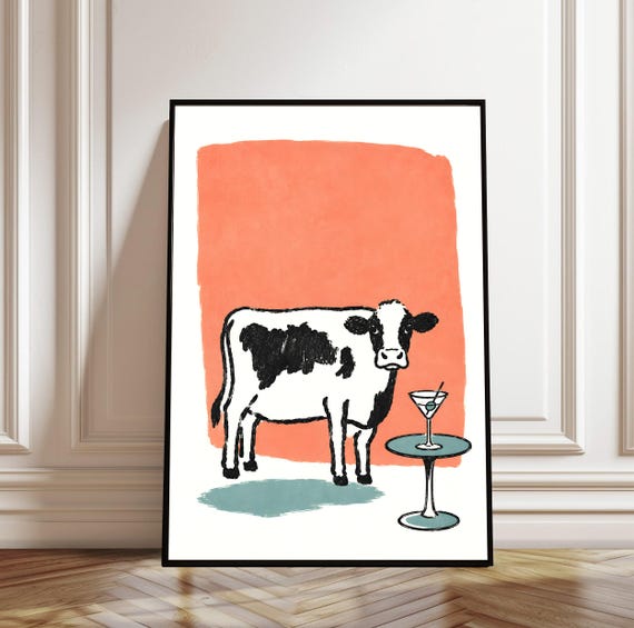 Cow Martini Art Print Funny Bar Wall Decor Farmhouse Animal Abstract Painting