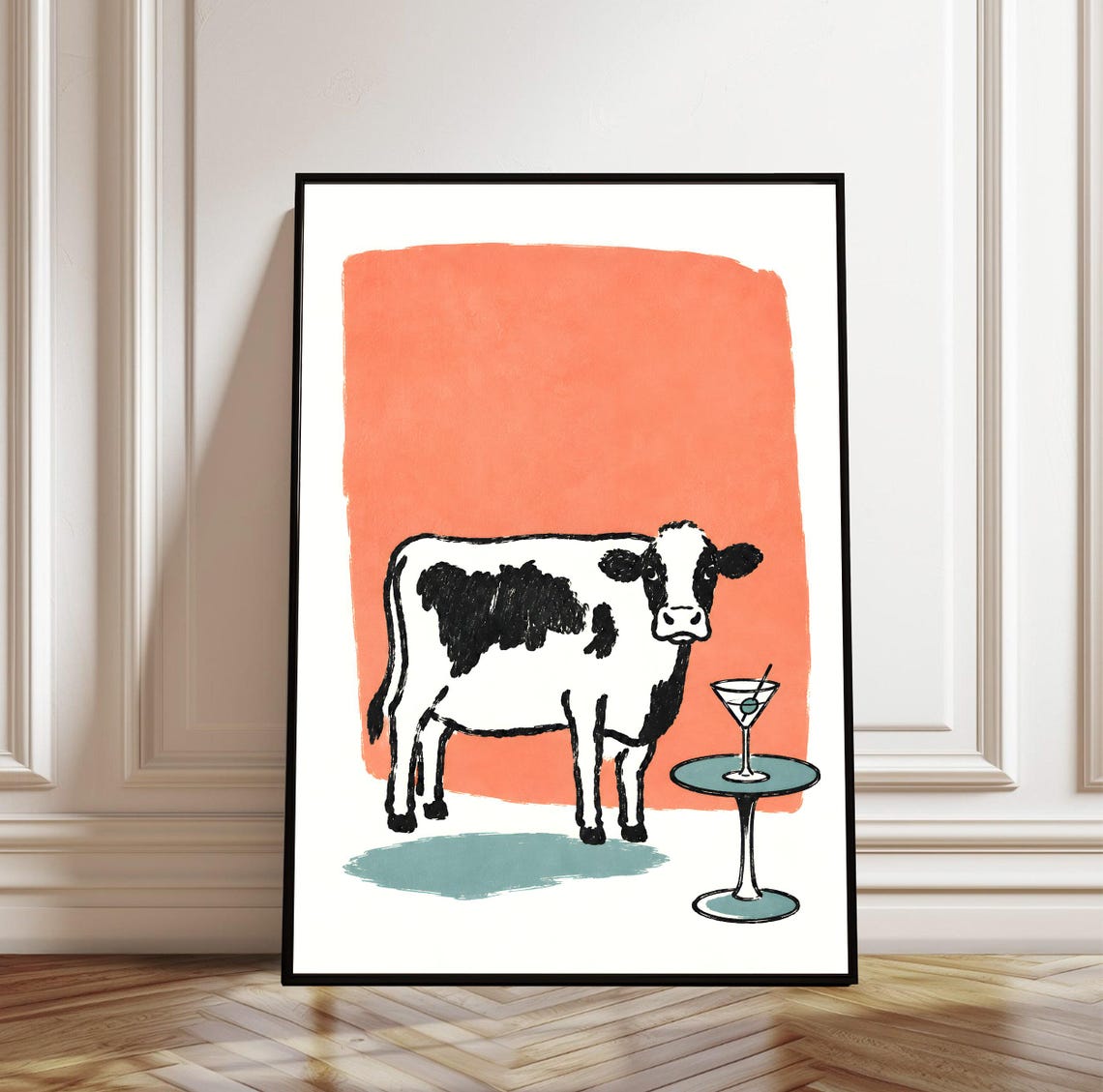 Cow With Martini Funny Farmhouse Bar Decor Quirky Cocktail Art Poster