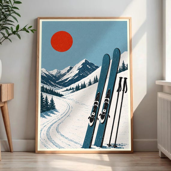 Vintage Ski Poster Snowy Mountain Landscape Print Apres Wall Art Lodge Decor