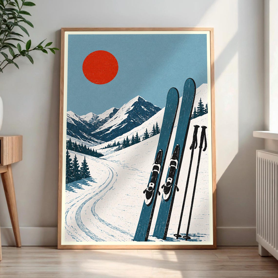 Vintage Ski Poster Retro Mountain Scene with Red Sun Skis and Poles