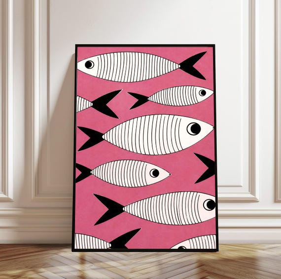 Stylized Fish Wall Art Pink Pattern Print Coastal Home Decor Modern