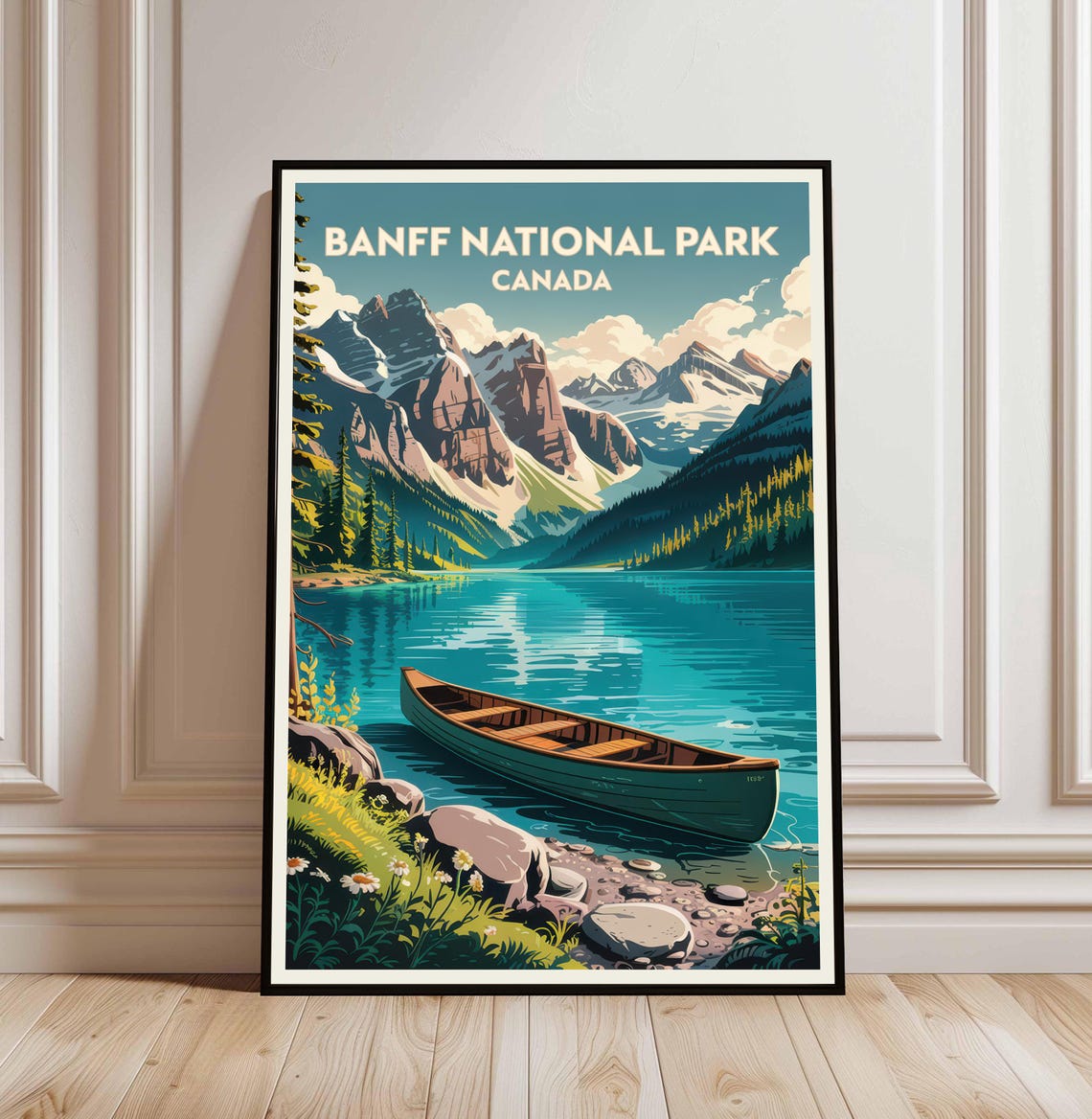 Banff National Park Canada Canoe Lake Mountains Travel Poster