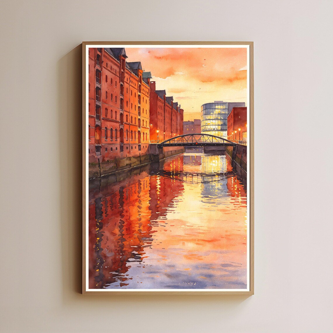 Hamburg Speicherstadt Canal Sunset Watercolor Historic Harbor Poster